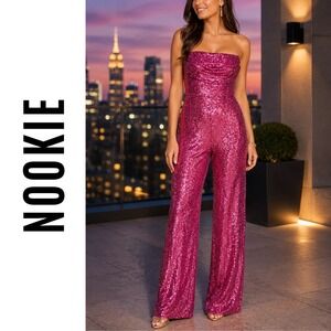 Nookie, Sloane Berry Pink Sequin Strapless Jumpsuit Wide Leg Ruched Size Medium